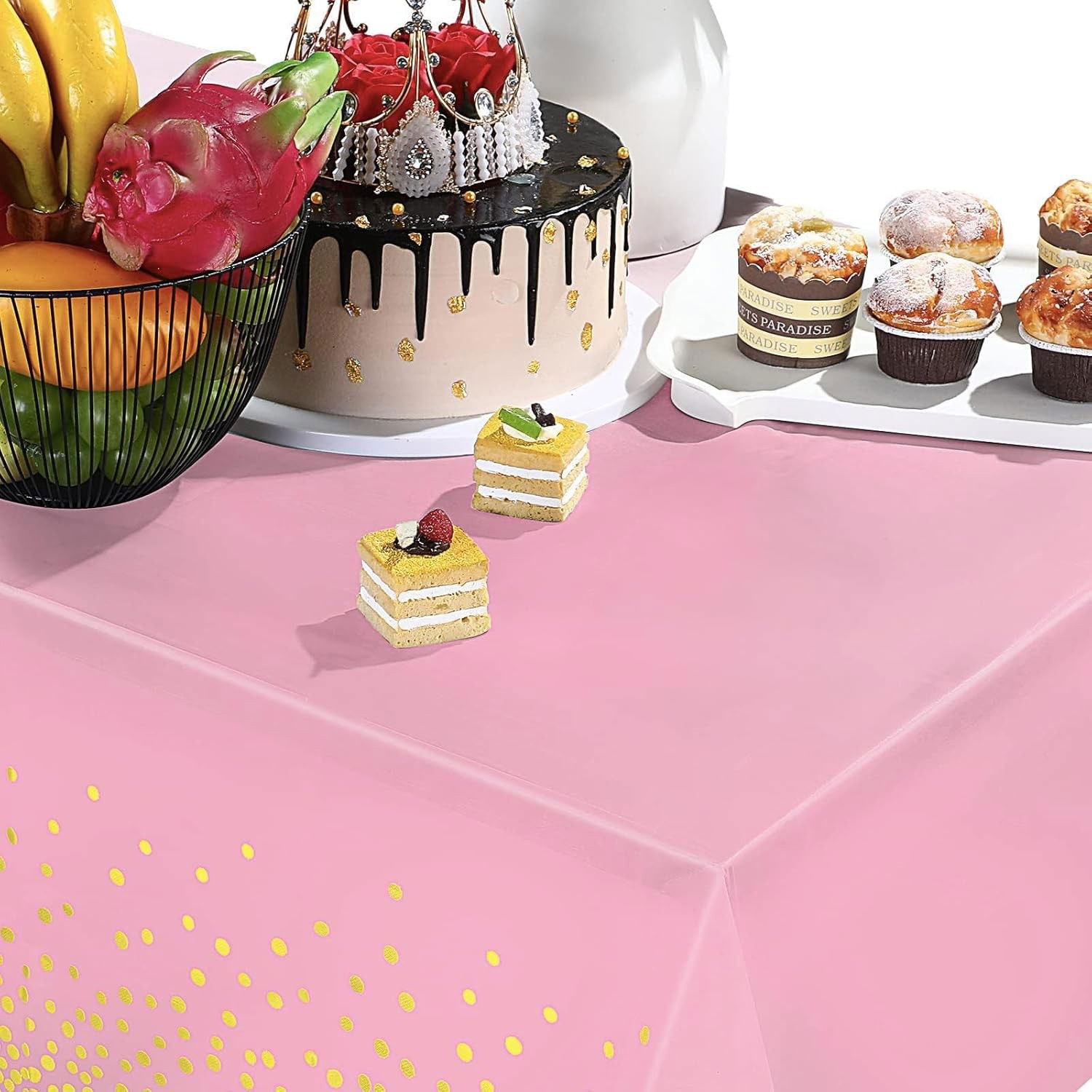 Fata de Masa, Flippy, din PEVA, Imprimeu Buline Aurii, 137 x 274 cm, Impermeabila, Fara Pete, Curatare Rapida, Roz [3]