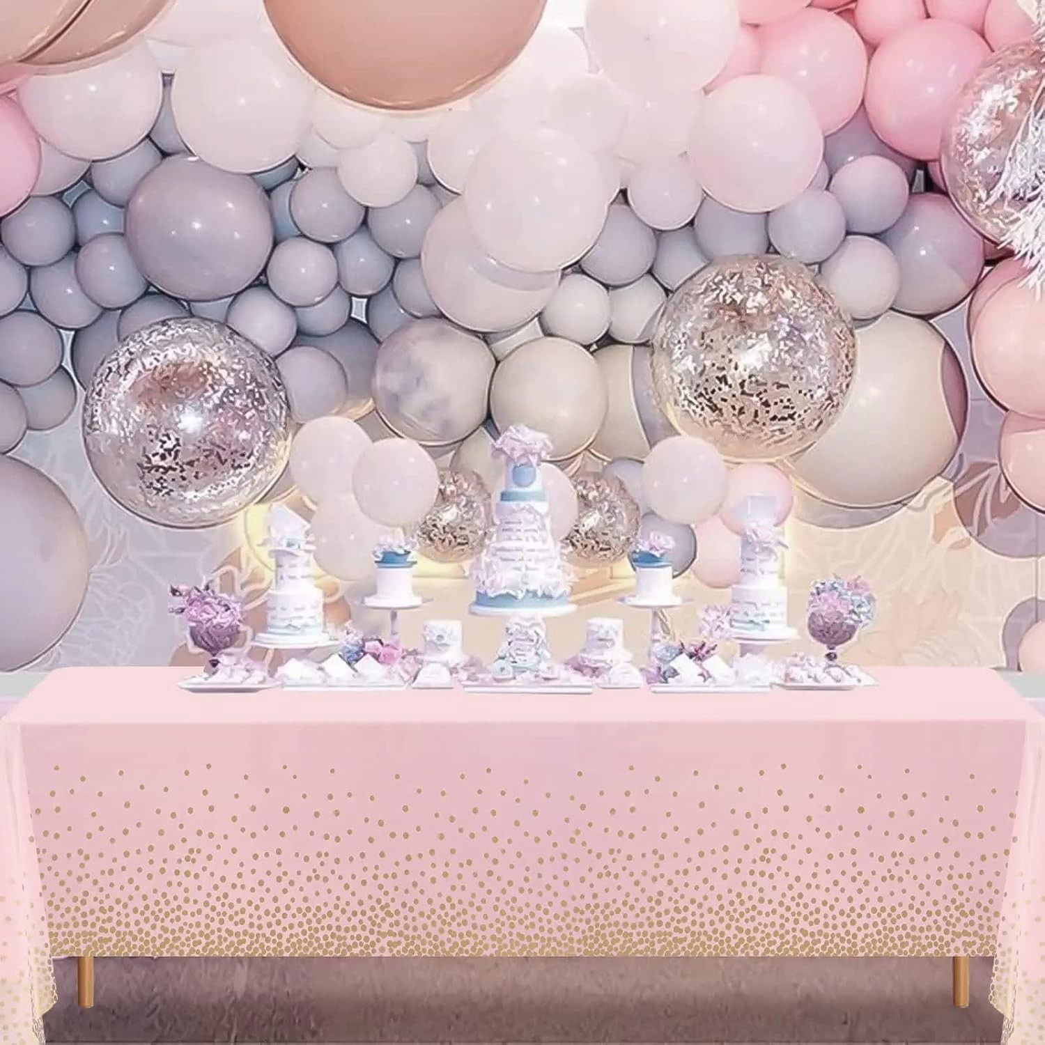 10 - 25 LEI - Fata de Masa, Flippy, din PEVA, Imprimeu Buline Aurii, 137 x 274 cm, Impermeabila, Fara Pete, Curatare Rapida, Roz Deschis