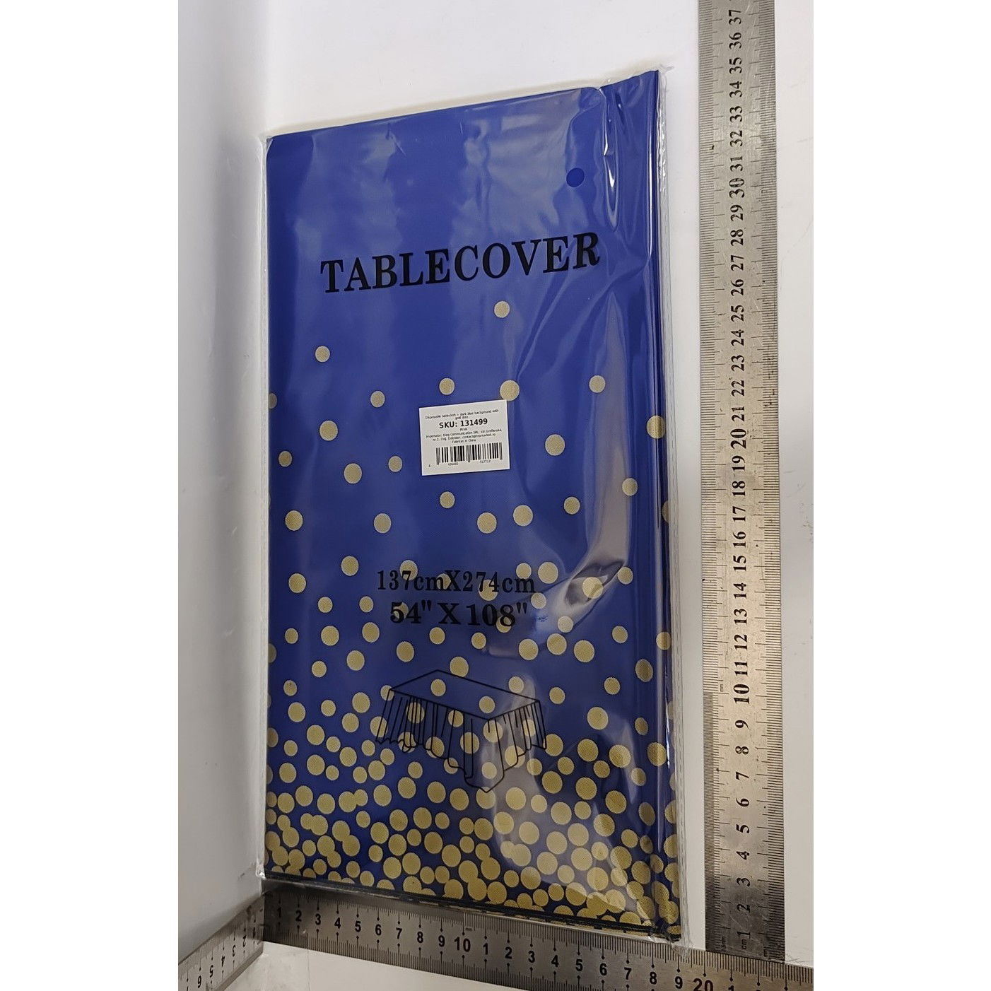 10 - 25 LEI - Fata de Masa, Flippy, din PEVA, Imprimeu Buline Aurii, 137 x 274 cm, Impermeabila, Fara Pete, Curatare Rapida, Albastru Inchis