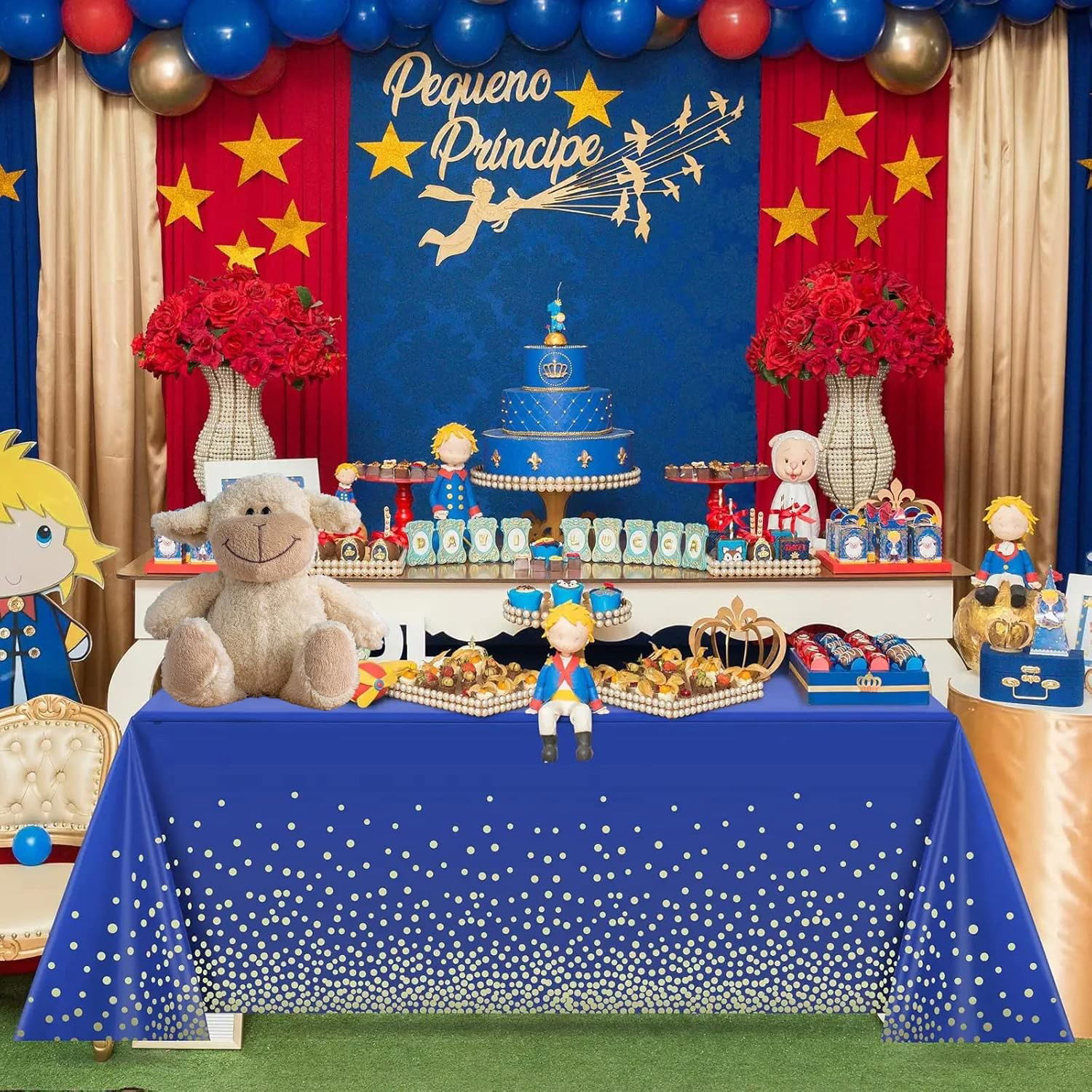 Fata de Masa, Flippy, din PEVA, Imprimeu Buline Aurii, 137 x 274 cm, Impermeabila, Fara Pete, Curatare Rapida, Albastru Inchis [6]