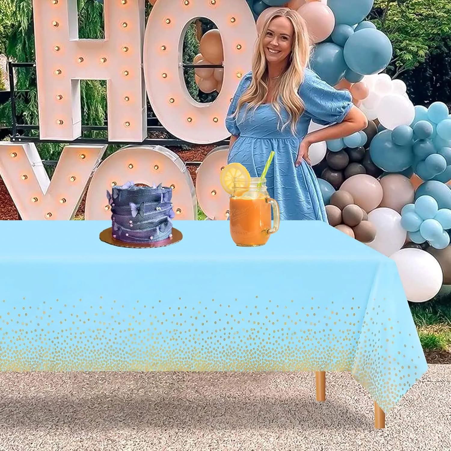 Fata de Masa, Flippy, din PEVA, Imprimeu Buline Aurii, 137 x 274 cm, Impermeabila, Fara Pete, Curatare Rapida, Albastru [3]