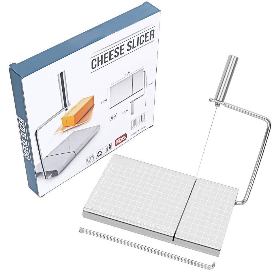 Ustensile pentru Bucătărie - Feliator manual Flippy, pentru cascaval, salam, prajituri, unt, din otel inoxidabil, usor de curatat si utilizat, 5 lame de schimb incluse, picioare antiderapante, 21 x 12.2 x 2.8 cm, argintiu