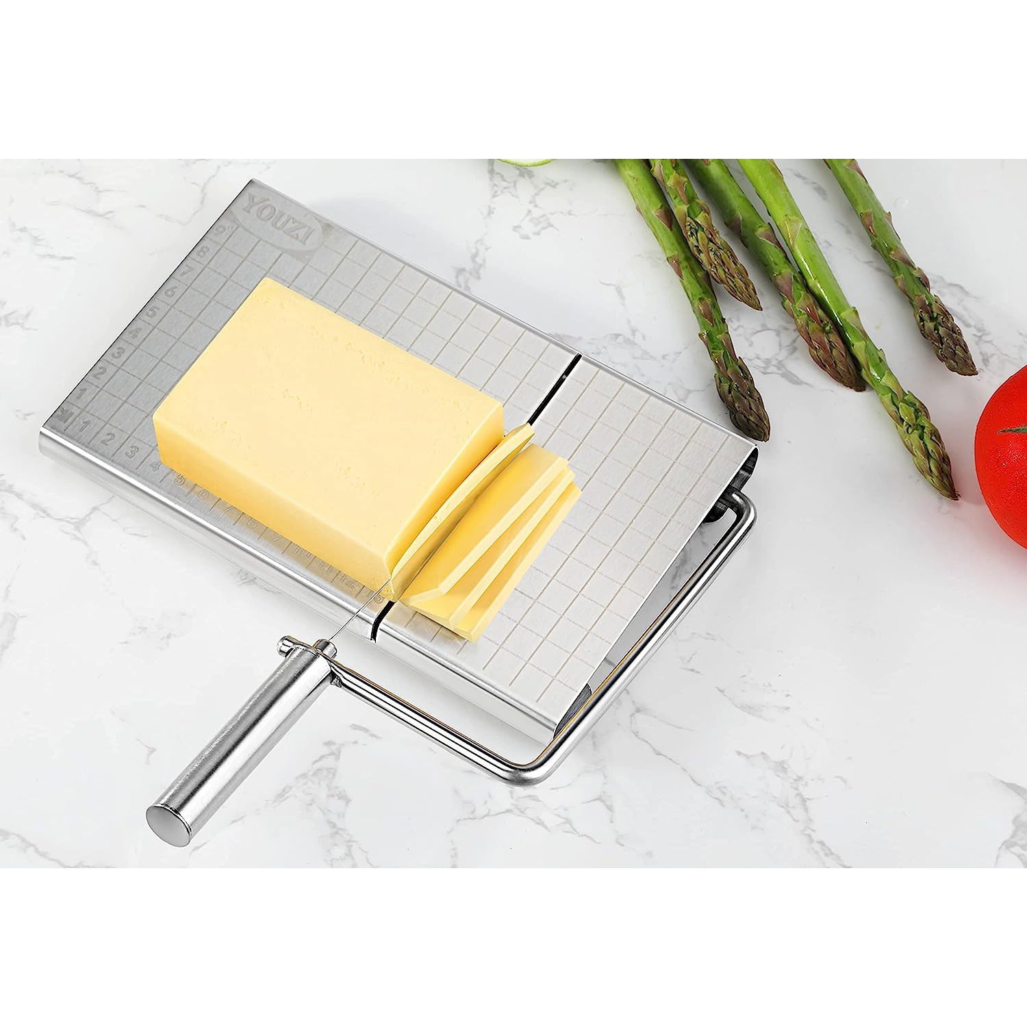 Feliator manual Flippy, pentru cascaval, salam, prajituri, unt, din otel inoxidabil, usor de curatat si utilizat, 5 lame de schimb incluse, picioare antiderapante, 21 x 12.2 x 2.8 cm, argintiu [8]