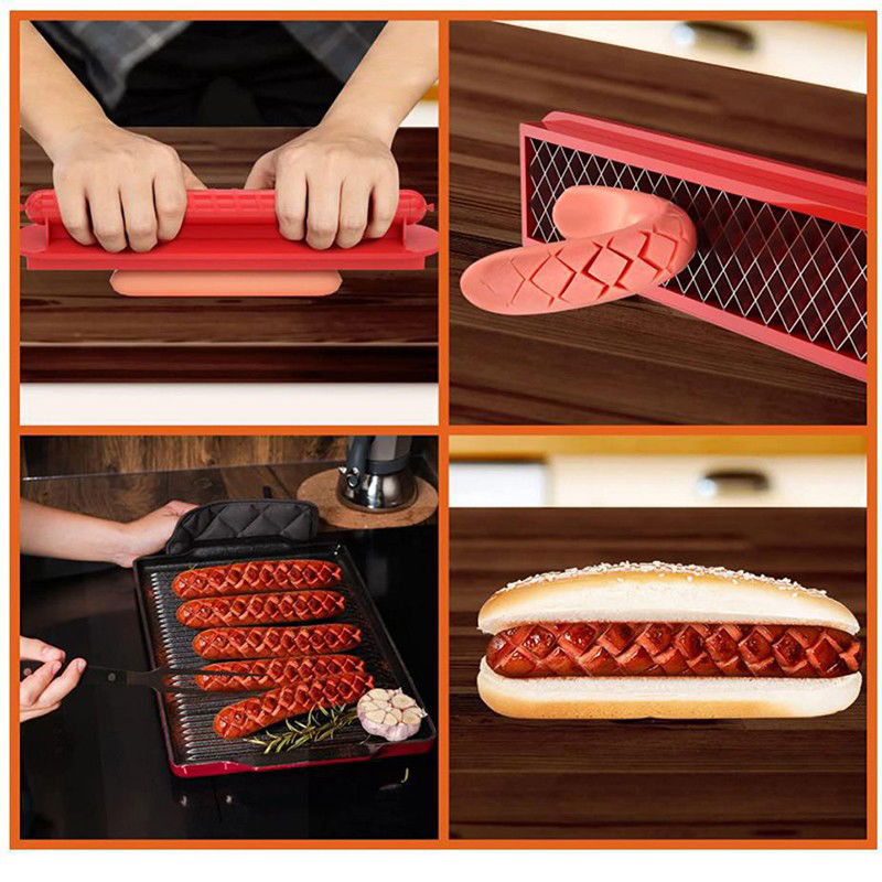 Feliator manual pentru hot-dog Flippy, crestare carnati si hot-dog, manual, potrivit pentru gratar, 29.5 x 6.5 cm, din inox si ABS, rosu [3]