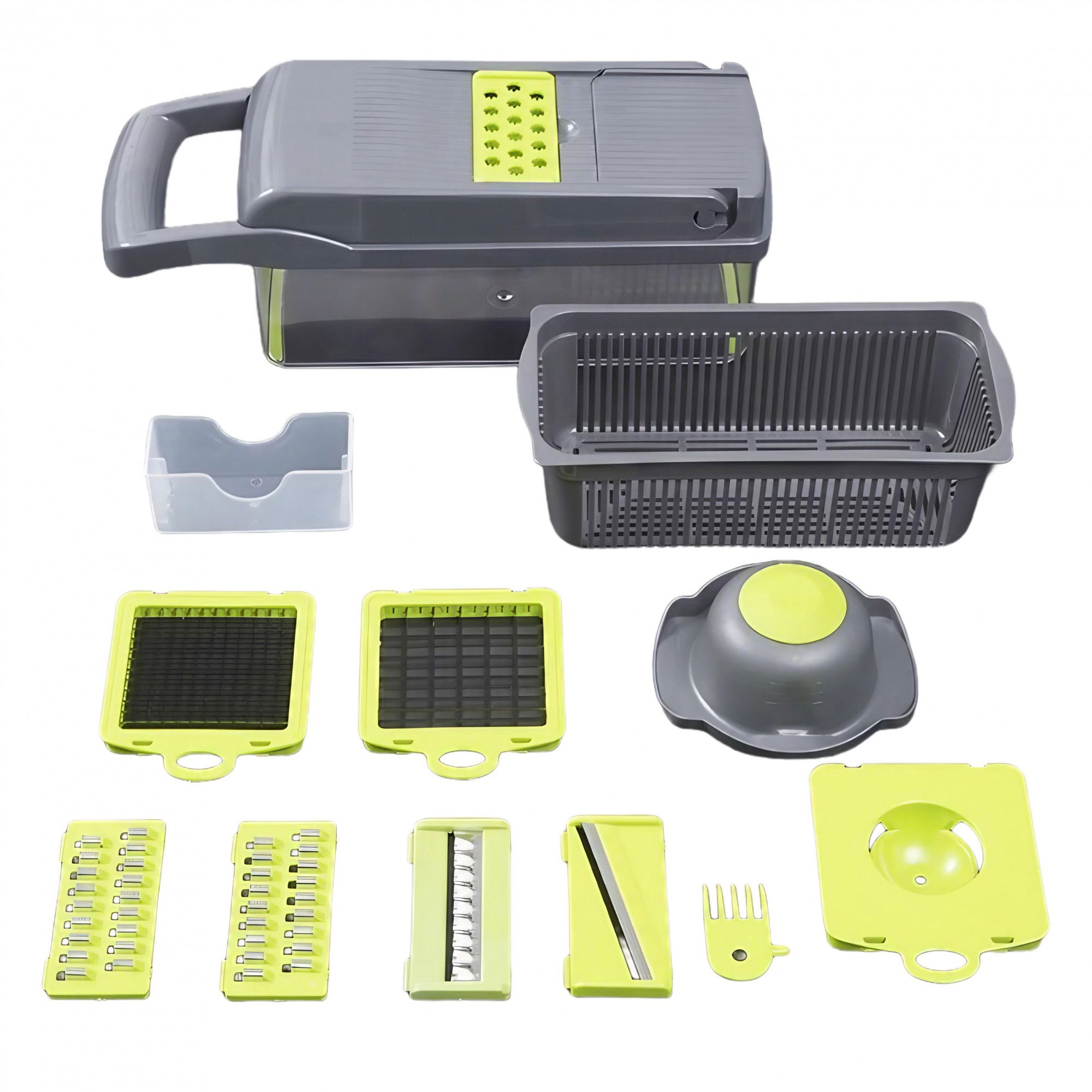 Feliator Multifunctional, Flippy, Razatoare, 8 in 1, pentru Fructe si Legume, 10 Piese, Lame de Inox, Recipient Stocare, Separator Oua, Protectie Mana, ABS, 32.2x11.3 cm, Verde/Gri [1]