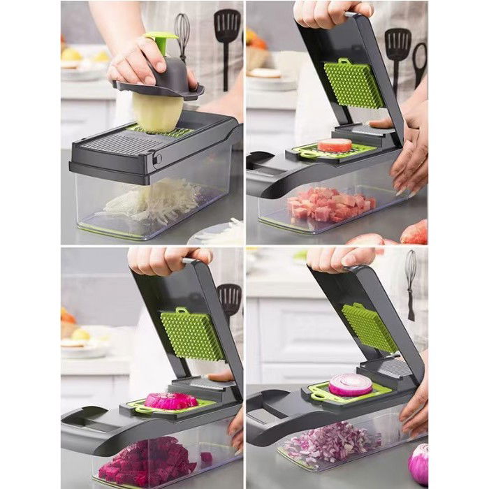 Feliator Multifunctional, Flippy, Razatoare, 8 in 1, pentru Fructe si Legume, 10 Piese, Lame de Inox, Recipient Stocare, Separator Oua, Protectie Mana, ABS, 32.2x11.3 cm, Verde/Gri [5]