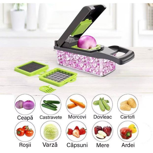 Feliator Multifunctional, Flippy, Razatoare, 8 in 1, pentru Fructe si Legume, 10 Piese, Lame de Inox, Recipient Stocare, Separator Oua, Protectie Mana, ABS, 32.2x11.3 cm, Verde/Gri [3]