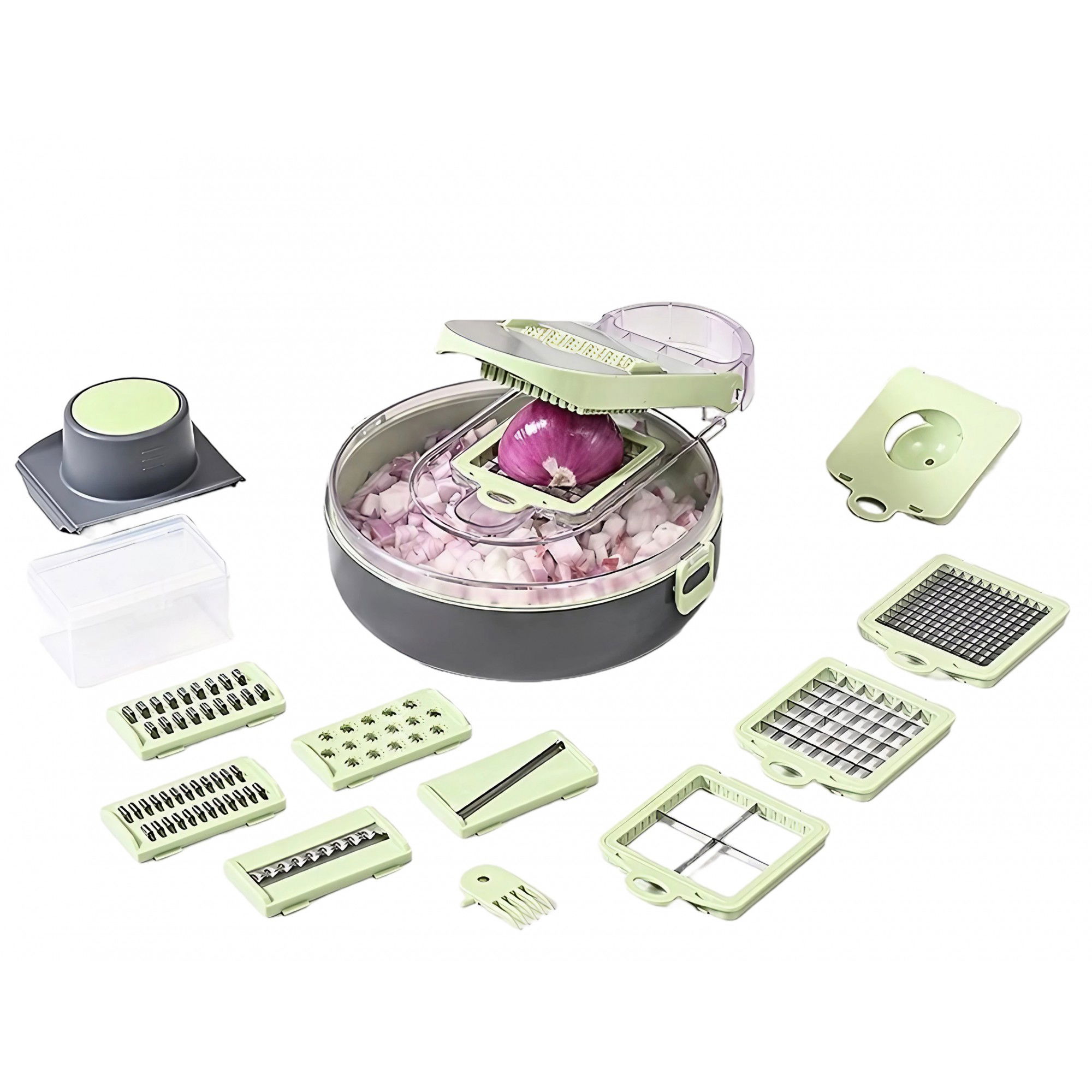 Pentru casa - Feliator Multifunctional, Flippy, Razatoare, 8 in 1, pentru Fructe si Legume, 12 Piese, Lame de Inox, Recipient Stocare, Separator Oua, Protectie Mana, ABS, Gri/Verde, 29.5x9x21.8 cm