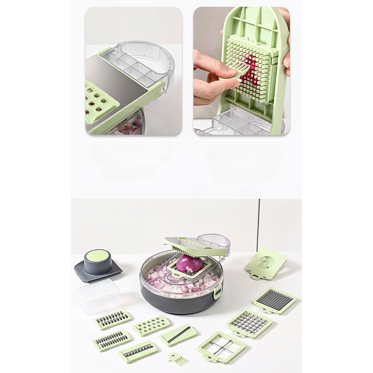 Pentru casa - Feliator Multifunctional, Flippy, Razatoare, 8 in 1, pentru Fructe si Legume, 12 Piese, Lame de Inox, Recipient Stocare, Separator Oua, Protectie Mana, ABS, Gri/Verde, 29.5x9x21.8 cm