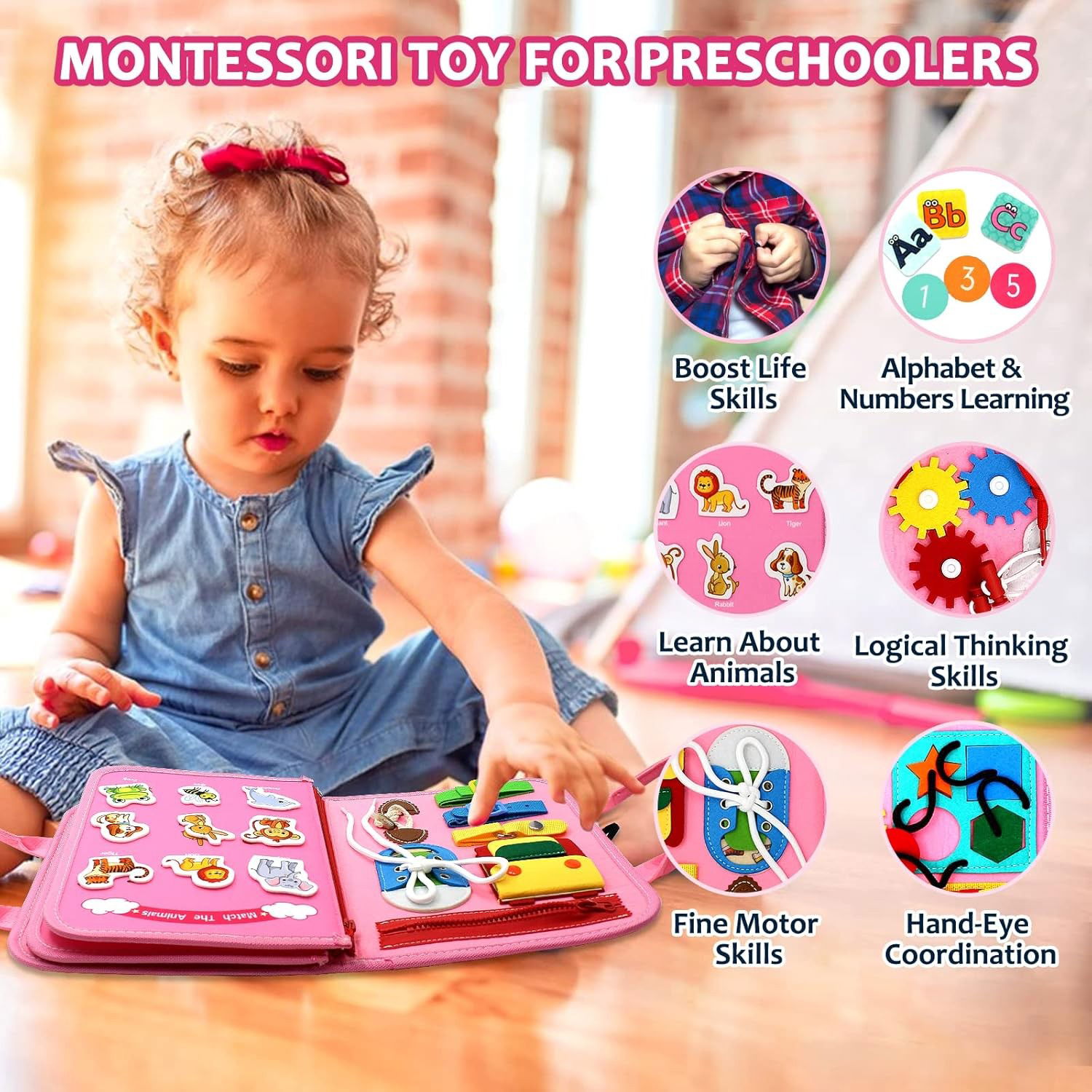 50 - 100 LEI - Carte Senzoriala Educativa Montessori 7in1, Flippy, 26 de Activitati, Dezvoltare Abilitati Motorii, 4 Pagini, Model Dinozauri, 28x22x7 cm, Roz