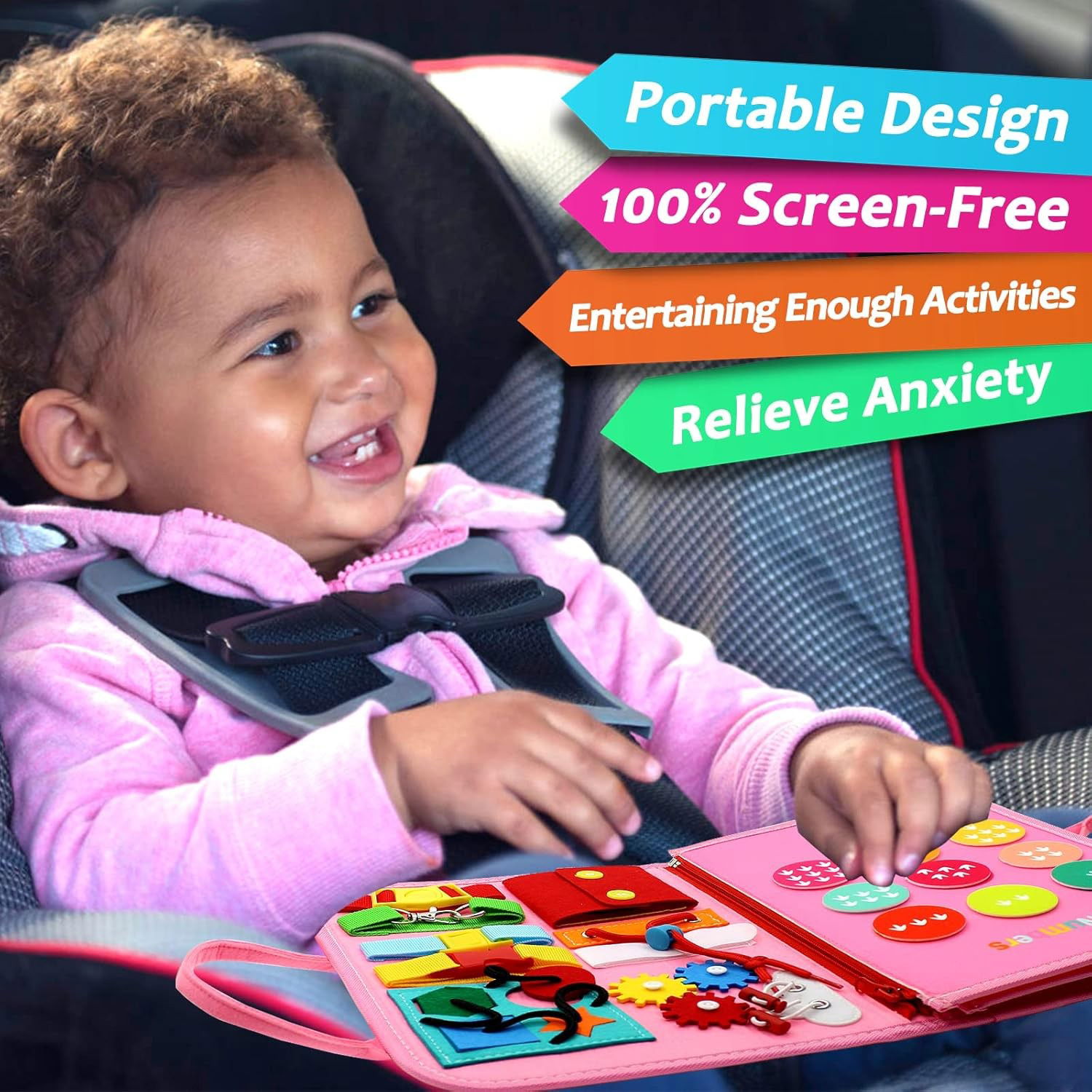 Carte Senzoriala Educativa Montessori 7in1, Flippy, 26 de Activitati, Dezvoltare Abilitati Motorii, 4 Pagini, Model Dinozauri, 28x22x7 cm, Roz [5]