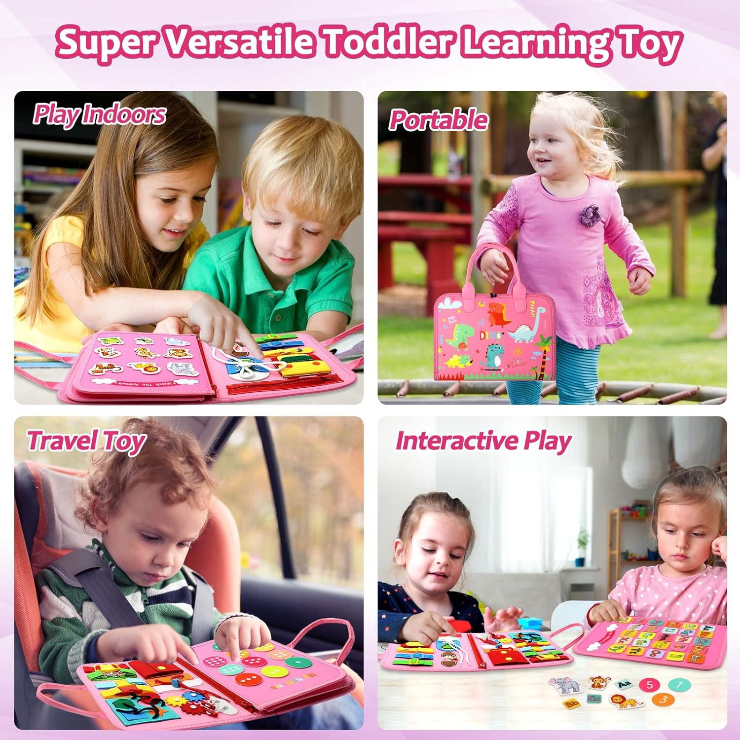 Carte Senzoriala Educativa Montessori 7in1, Flippy, 26 de Activitati, Dezvoltare Abilitati Motorii, 4 Pagini, Model Dinozauri, 28x22x7 cm, Roz [4]