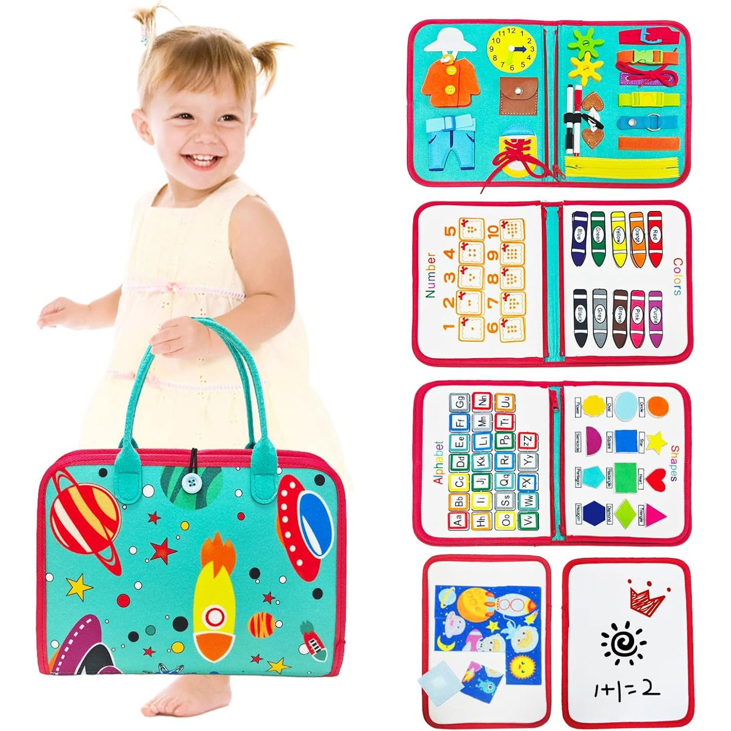 Carte Senzoriala Educativa Montessori, Flippy, cu Activitati, Dezvoltare Abilitati Motorii, 4 Pagini, Model Spatiu Cosmic, 28x22x7 cm, Albastru [7]