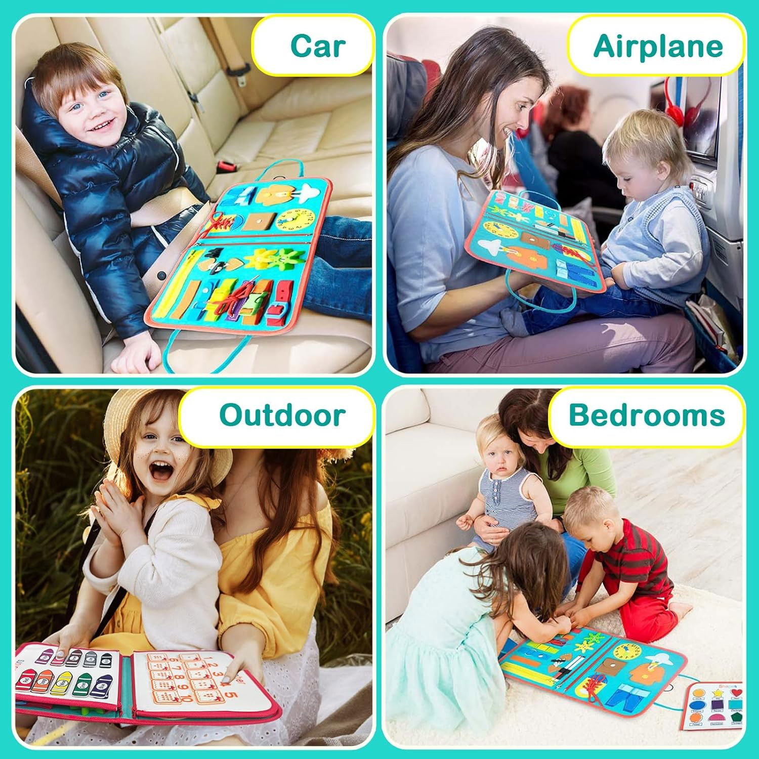 Carte Senzoriala Educativa Montessori, Flippy, cu Activitati, Dezvoltare Abilitati Motorii, 4 Pagini, Model Spatiu Cosmic, 28x22x7 cm, Albastru [6]