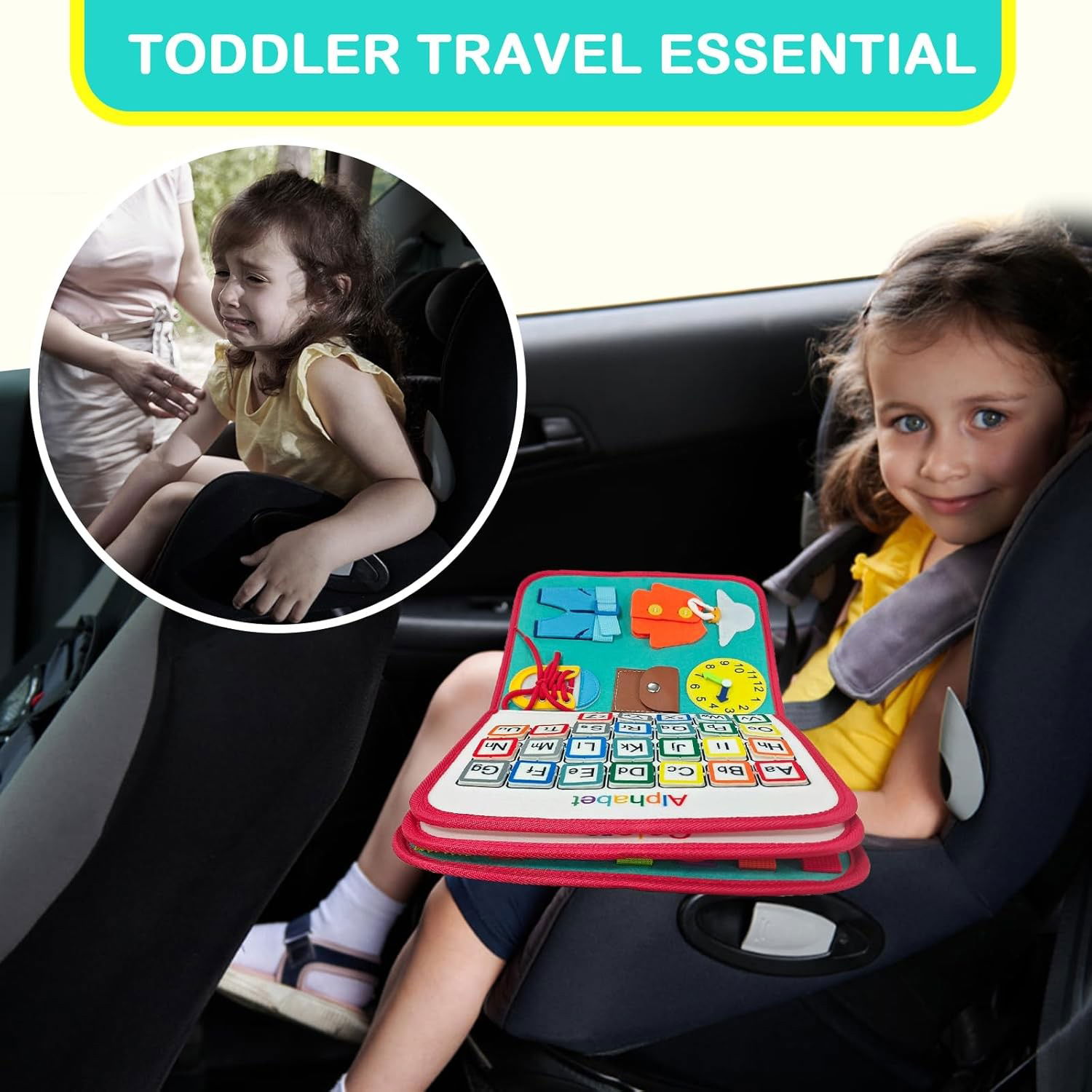 50 - 100 LEI - Carte Senzoriala Educativa Montessori, Flippy, cu Activitati, Dezvoltare Abilitati Motorii, 4 Pagini, Model Spatiu Cosmic, 28x22x7 cm, Albastru