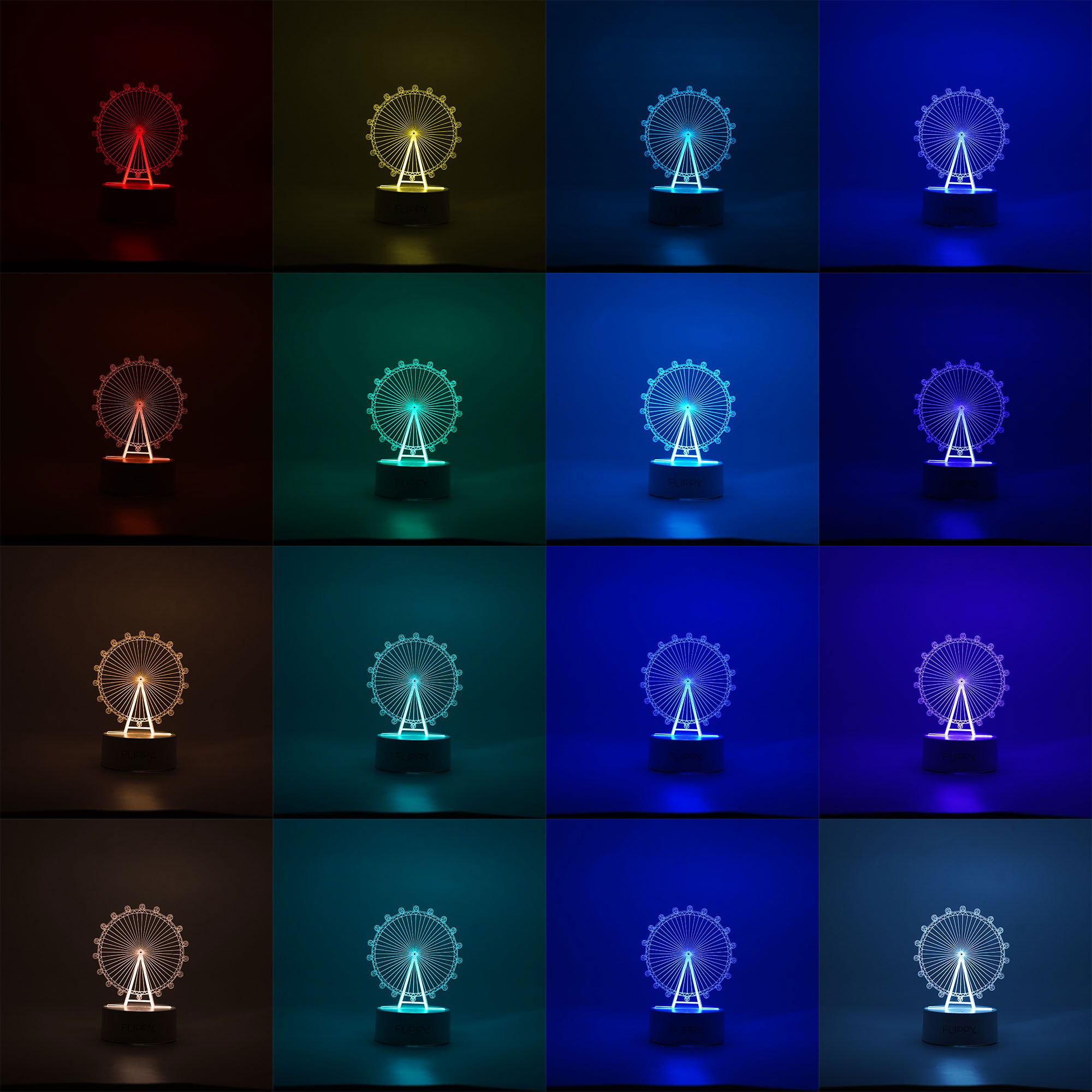 Lampi de veghe - Lampa LED decorativa, Flippy, 3D, Roata Panoramica, cu telecomanda, doua moduri de alimentare USB si baterii, 20 cm inaltime, din material acril si lumina multicolora, alb