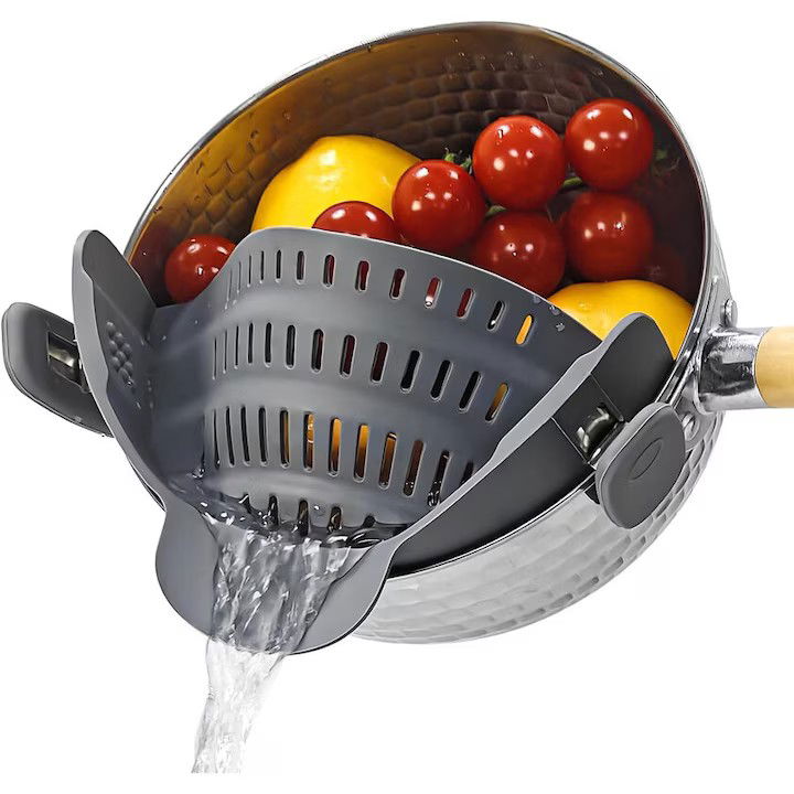 Pentru casa - Strecurator Filtru pentru Vase, Flippy, din Silicon Rezistent la Temperaturi Inalte, Universal, Paste, Legume, Fructe, 23x12.5x6.7 cm, Gri