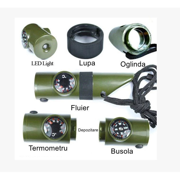 Kit supravieturie Flippy, Fluier multifunctional 7 in 1, pentru drumetii, hiking, lupa, fluier, termometru, depozitare pastile, busola, din material ABS, cu snur, 9,7 x 2,8 cm, verde [11]