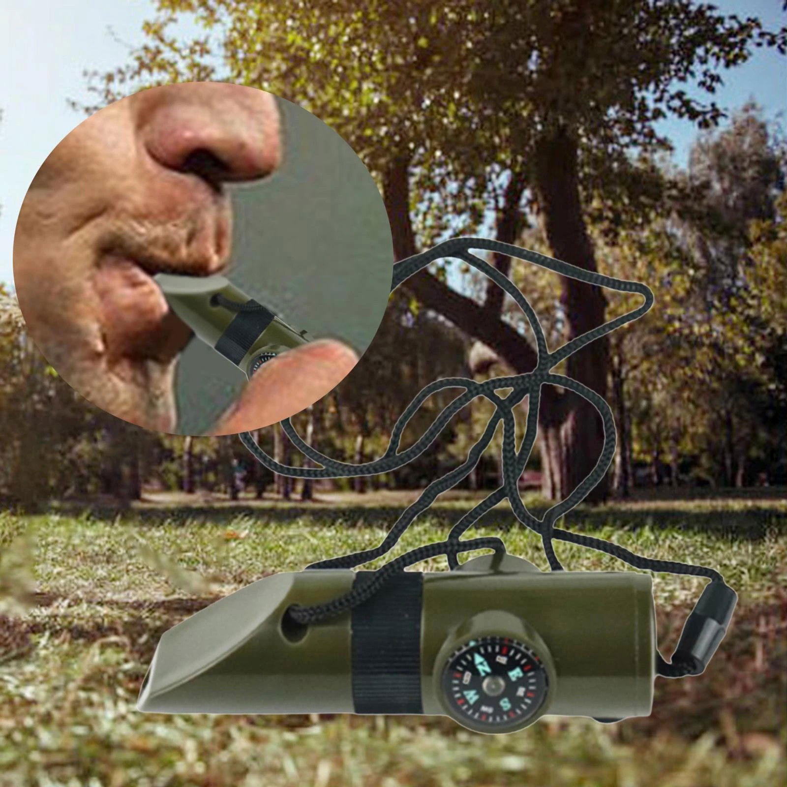 Kit supravieturie Flippy, Fluier multifunctional 7 in 1, pentru drumetii, hiking, lupa, fluier, termometru, depozitare pastile, busola, din material ABS, cu snur, 9,7 x 2,8 cm, verde [7]