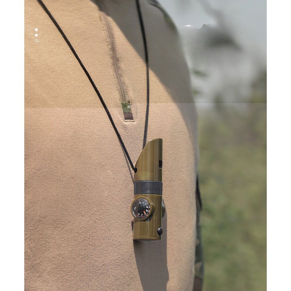 Kit supravieturie Flippy, Fluier multifunctional 7 in 1, pentru drumetii, hiking, lupa, fluier, termometru, depozitare pastile, busola, din material ABS, cu snur, 9,7 x 2,8 cm, verde [2]