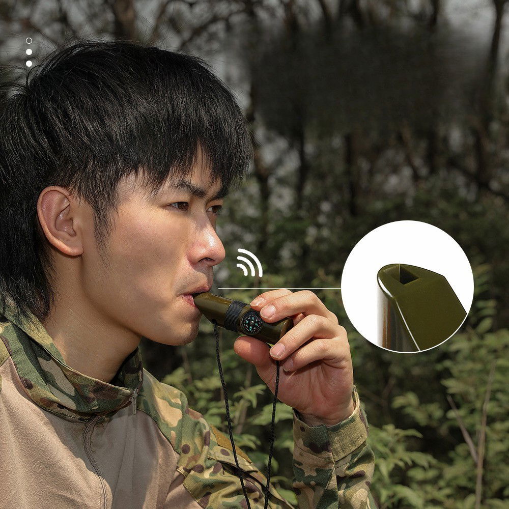 Kit supravieturie Flippy, Fluier multifunctional 7 in 1, pentru drumetii, hiking, lupa, fluier, termometru, depozitare pastile, busola, din material ABS, cu snur, 9,7 x 2,8 cm, verde [9]