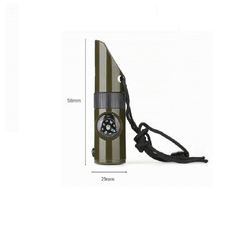 Kit supravieturie Flippy, Fluier multifunctional 7 in 1, pentru drumetii, hiking, lupa, fluier, termometru, depozitare pastile, busola, din material ABS, cu snur, 9,7 x 2,8 cm, verde [6]