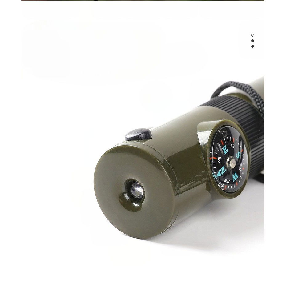 Kit supravieturie Flippy, Fluier multifunctional 7 in 1, pentru drumetii, hiking, lupa, fluier, termometru, depozitare pastile, busola, din material ABS, cu snur, 9,7 x 2,8 cm, verde [5]