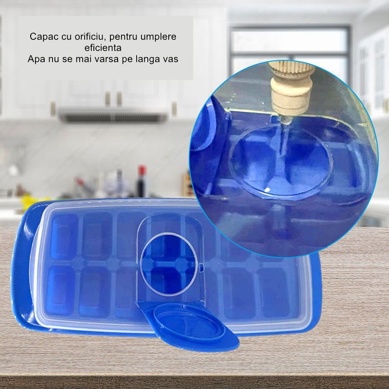 Forma pentru cuburi de gheata Flippy, 14 cuburi, reutilizabil, plastic alimentar, cu capac, orificiu umplere, dreptunghiulara, 29.5 x 12.5 x4 cm, albastru [7]