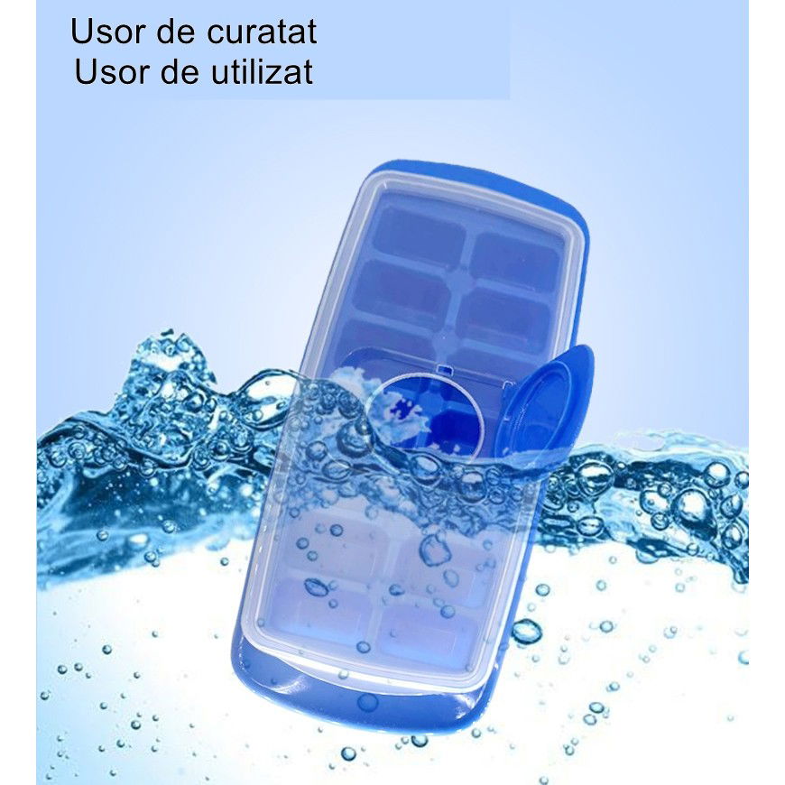 Forma pentru cuburi de gheata Flippy, 14 cuburi, reutilizabil, plastic alimentar, cu capac, orificiu umplere, dreptunghiulara, 29.5 x 12.5 x4 cm, albastru [6]