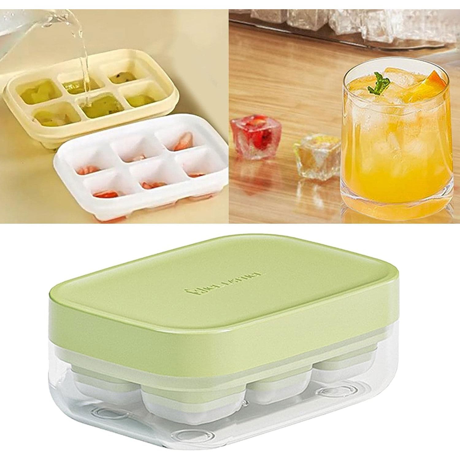 Forma pentru gheata cu presa Flippy, din silicon alimentar, 6 cuburi, caserola pentru depozitare, usor de folosit si curatat, 10.5 x 7.5 x 4.1 cm, verde [7]