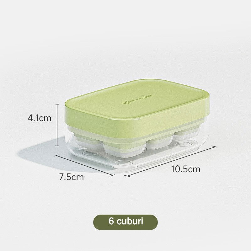 Forme cuburi de gheata - Forma pentru gheata cu presa Flippy, din silicon alimentar, 6 cuburi, caserola pentru depozitare, usor de folosit si curatat, 10.5 x 7.5 x 4.1 cm, verde