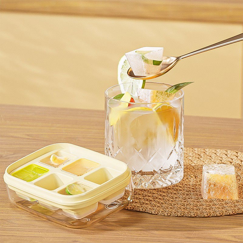 Forma pentru gheata cu presa Flippy, din silicon alimentar, 6 cuburi, caserola pentru depozitare, usor de folosit si curatat, 10.5 x 7.5 x 4.1 cm, galben [7]