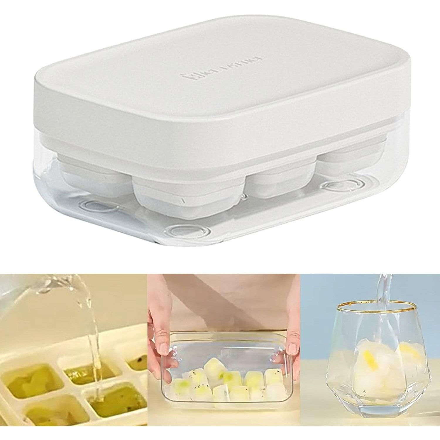 Forma pentru gheata cu presa Flippy, din silicon alimentar, 6 cuburi, caserola pentru depozitare, usor de folosit si curatat, 10.5 x 7.5 x 4.1 cm, alb [8]