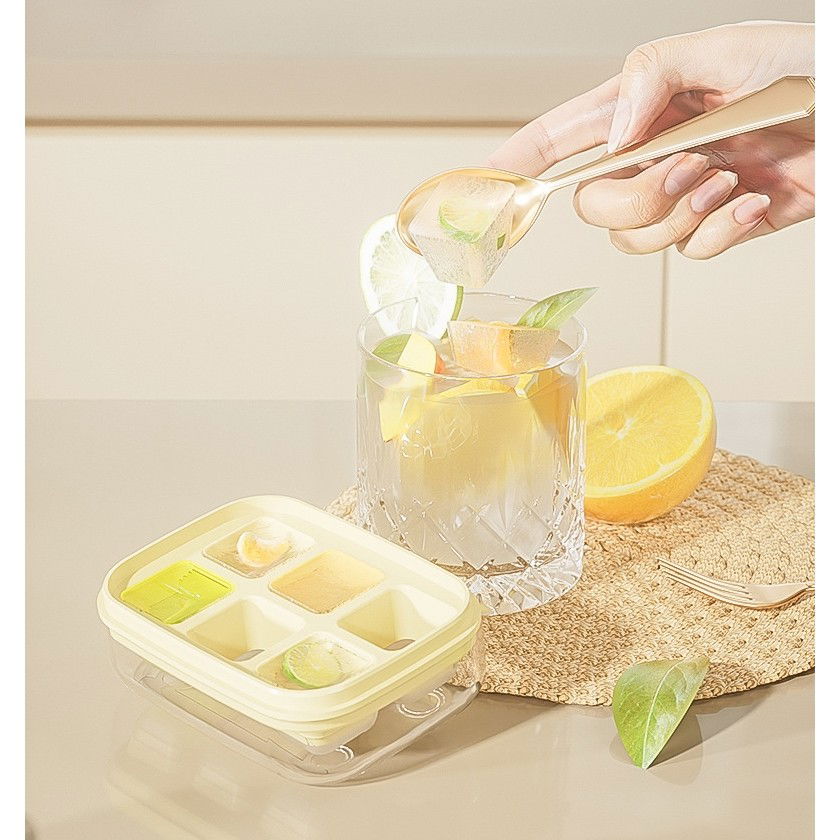 Forma pentru gheata cu presa Flippy, din silicon alimentar, 6 cuburi, caserola pentru depozitare, usor de folosit si curatat, 10.5 x 7.5 x 4.1 cm, galben [5]