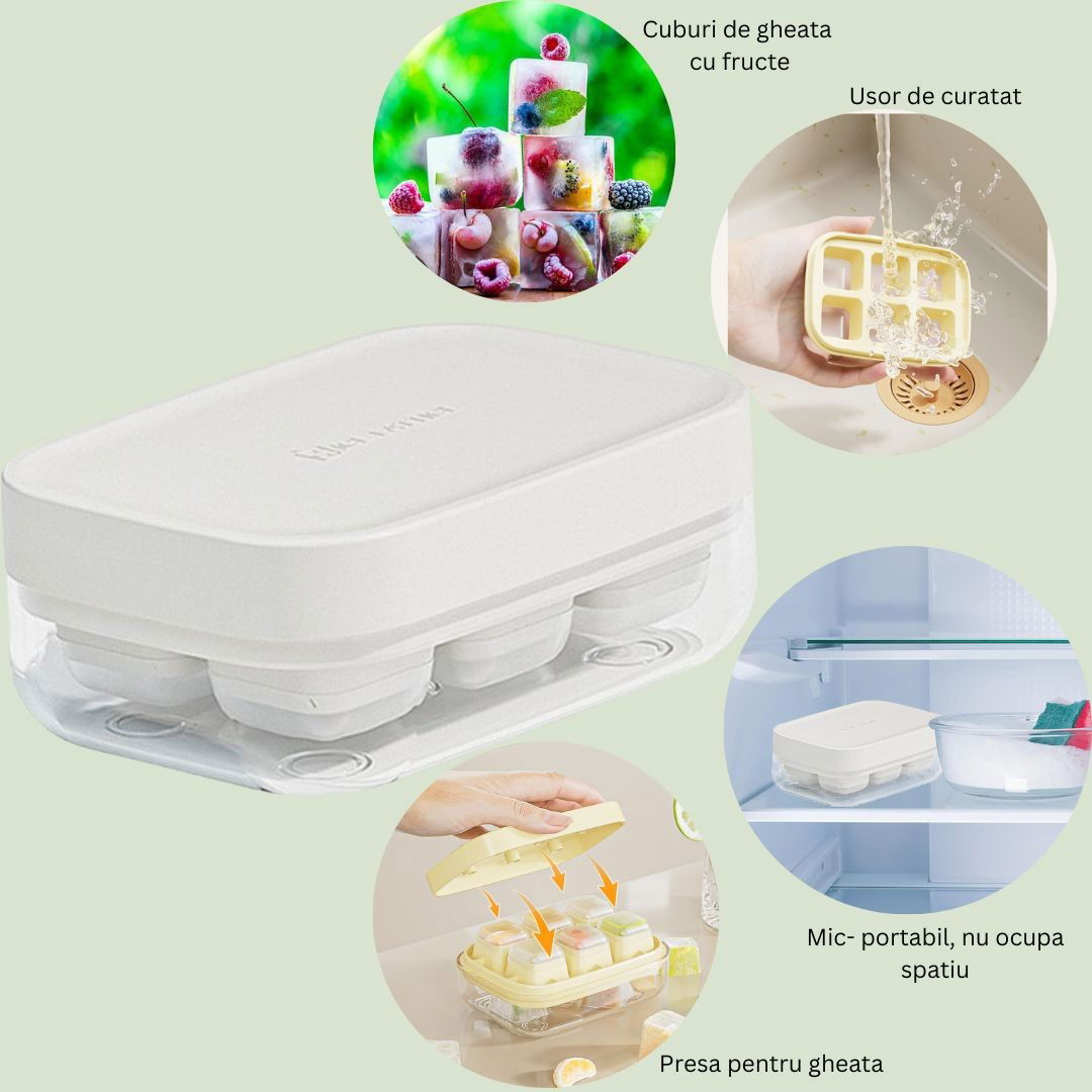 Forma pentru gheata cu presa Flippy, din silicon alimentar, 6 cuburi, caserola pentru depozitare, usor de folosit si curatat, 10.5 x 7.5 x 4.1 cm, alb [3]