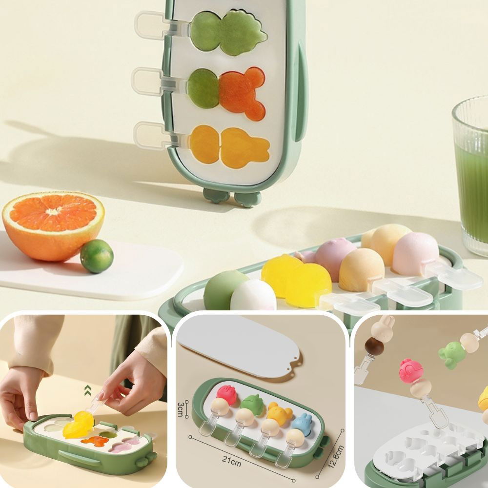 Pentru casa - Forma pentru inghetata Flippy, 4 compartimente, forme cu animalute, materialsilicon si ABS, 21 x 12.8 x 3cm, verde