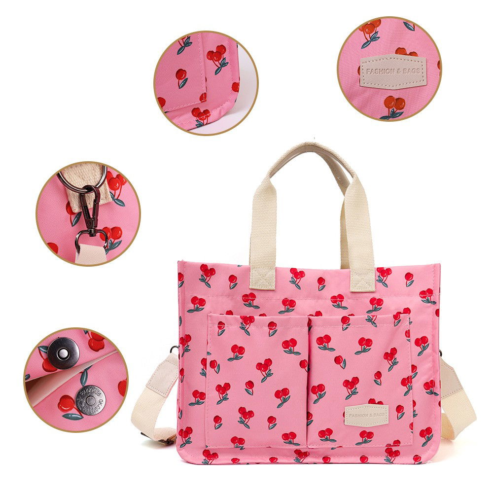 Geanta de Mana/Umar, Multifunctionala, Flippy, Inchidere cu Capsa, Imprimeu Cirese, Material Textil, 33.5 x 25 x 14.5 cm, Roz [4]