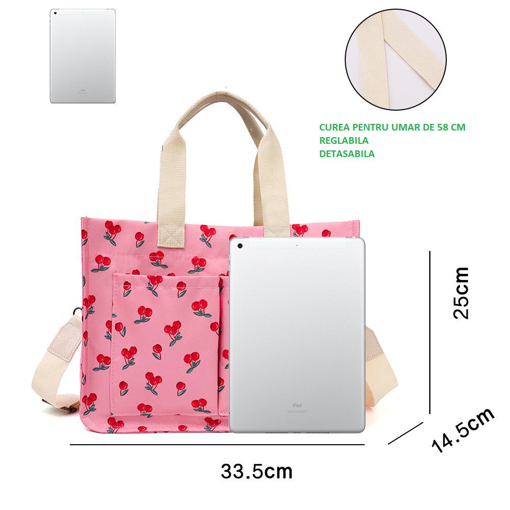 Geanta de Mana/Umar, Multifunctionala, Flippy, Inchidere cu Capsa, Imprimeu Cirese, Material Textil, 33.5 x 25 x 14.5 cm, Roz [3]
