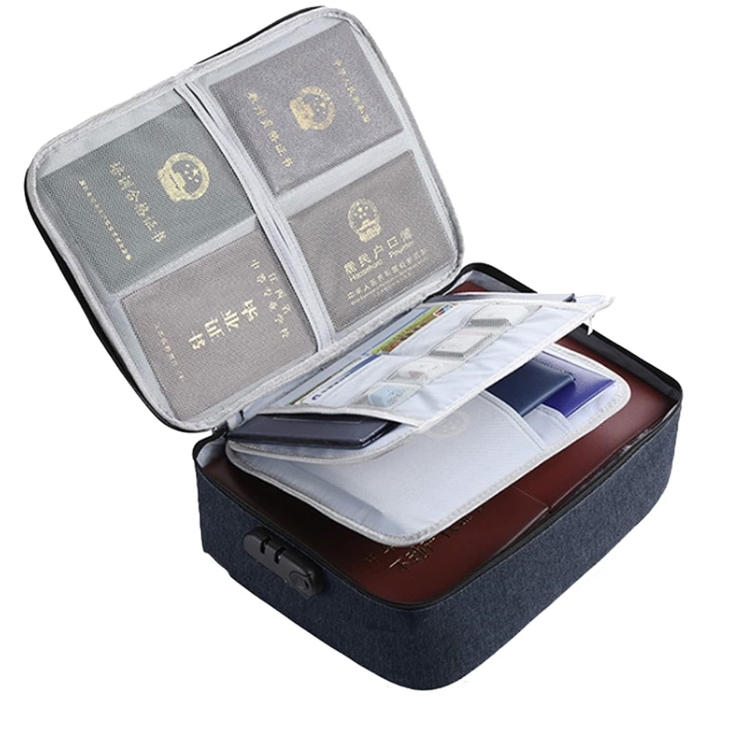 Pentru casa - Geanta Flippy pentru Depozitare Acte si Documente, Facturi, Carduri, cu Cod de Securitate, 2 Compartimente, Impermeabila, 37 x 10.5 x 27 cm, Albastru Marin