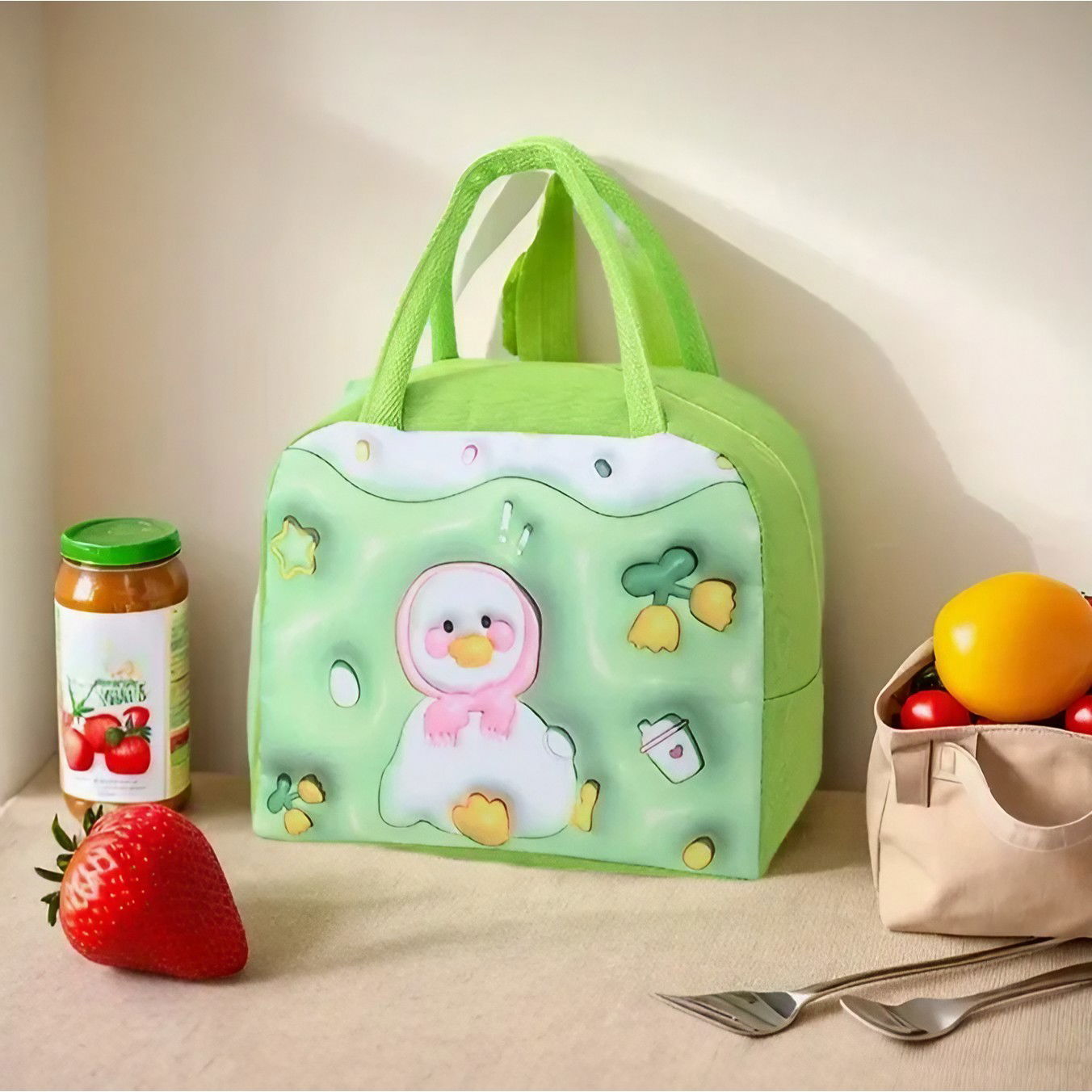 Geantă Frigorifică, Flippy, cu Desene Animate 3D, Portabilă pentru Copii, de Prânz, din Pânză Oxford, 23x13x19 cm, Model Ratusca, Verde [3]