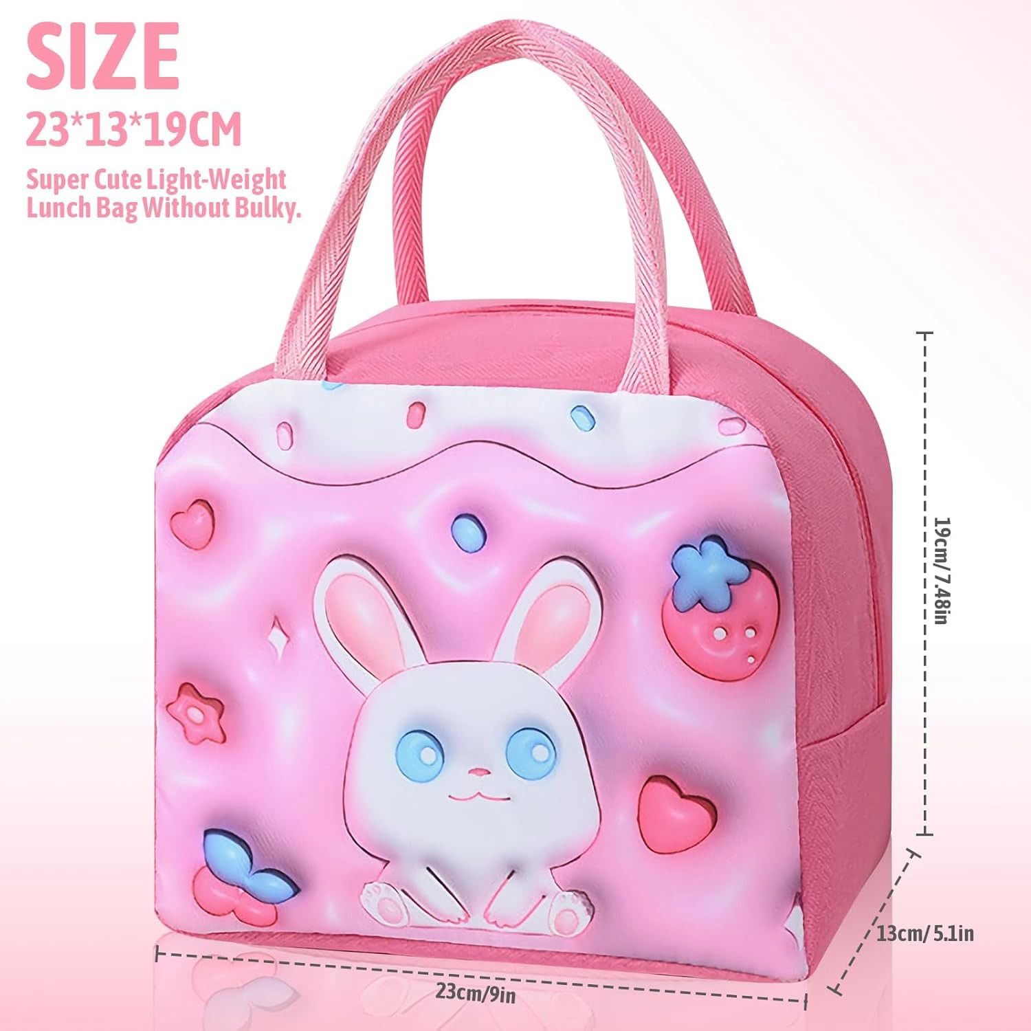 Geantă Frigorifică, Flippy, cu Desene Animate 3D, Portabilă pentru Copii, de Prânz, din Pânză Oxford, 23x13x19 cm, Model Iepuras, Roz [6]