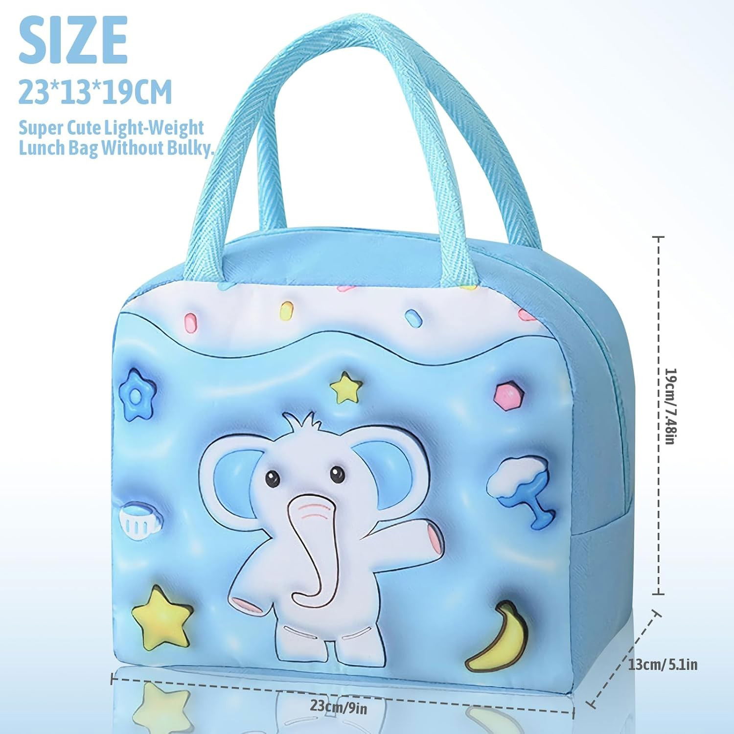 Geantă Frigorifică, Flippy, cu Desene Animate 3D, Portabilă pentru Copii, de Prânz, din Pânză Oxford, 23x13x19 cm, Model Elefantel, Albastru [8]