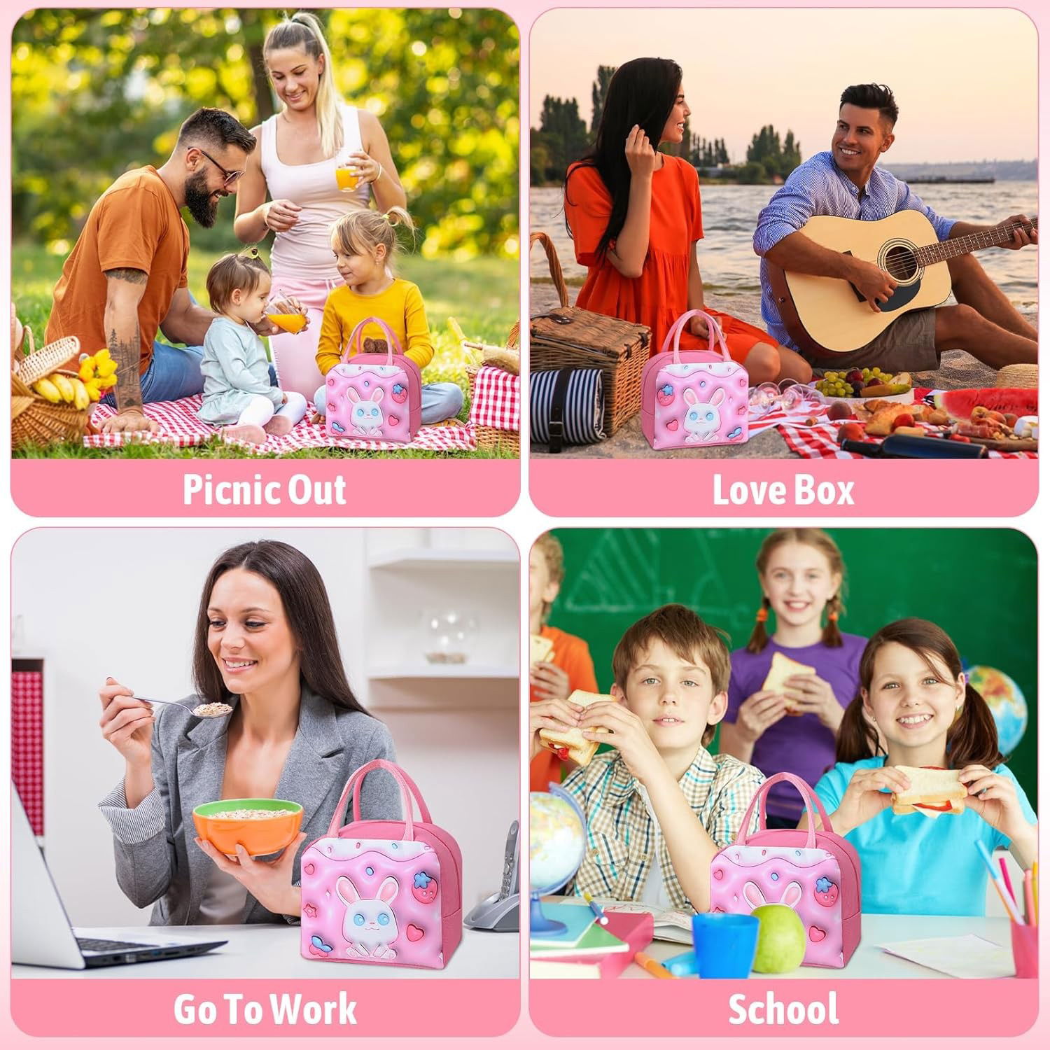 Geantă Frigorifică, Flippy, cu Desene Animate 3D, Portabilă pentru Copii, de Prânz, din Pânză Oxford, 23x13x19 cm, Model Iepuras, Roz [4]