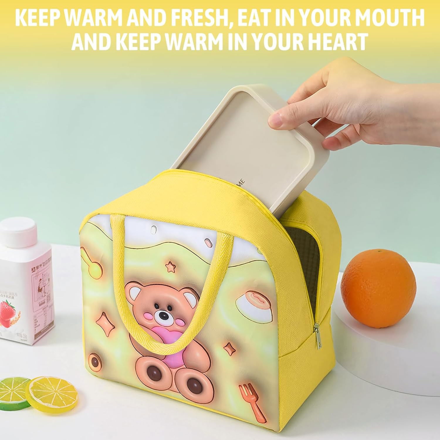 Geantă Frigorifică, Flippy, cu Desene Animate 3D, Portabilă pentru Copii, de Prânz, din Pânză Oxford, 23x13x19 cm, Model Ursulet, Galben [3]