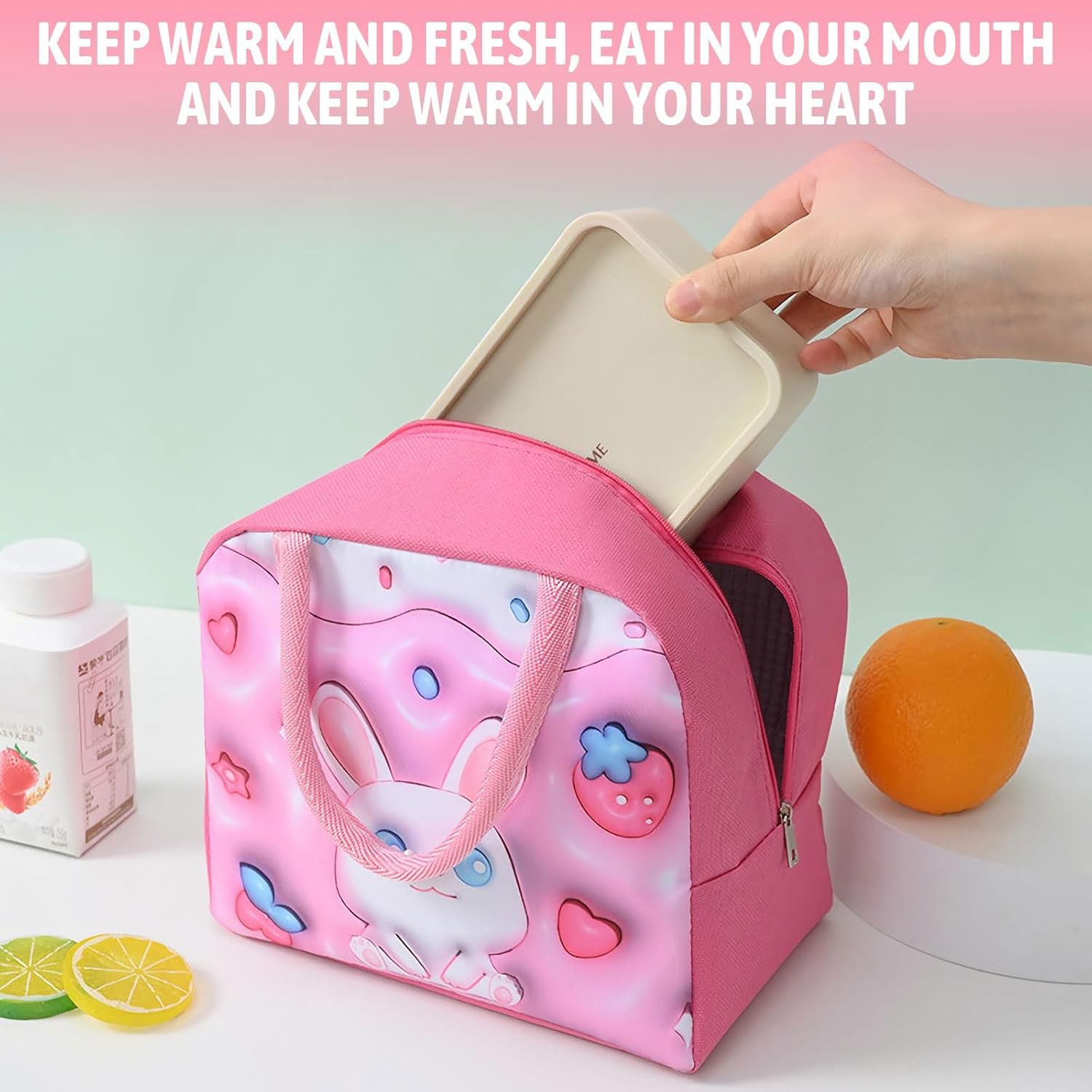 Geantă Frigorifică, Flippy, cu Desene Animate 3D, Portabilă pentru Copii, de Prânz, din Pânză Oxford, 23x13x19 cm, Model Iepuras, Roz [3]