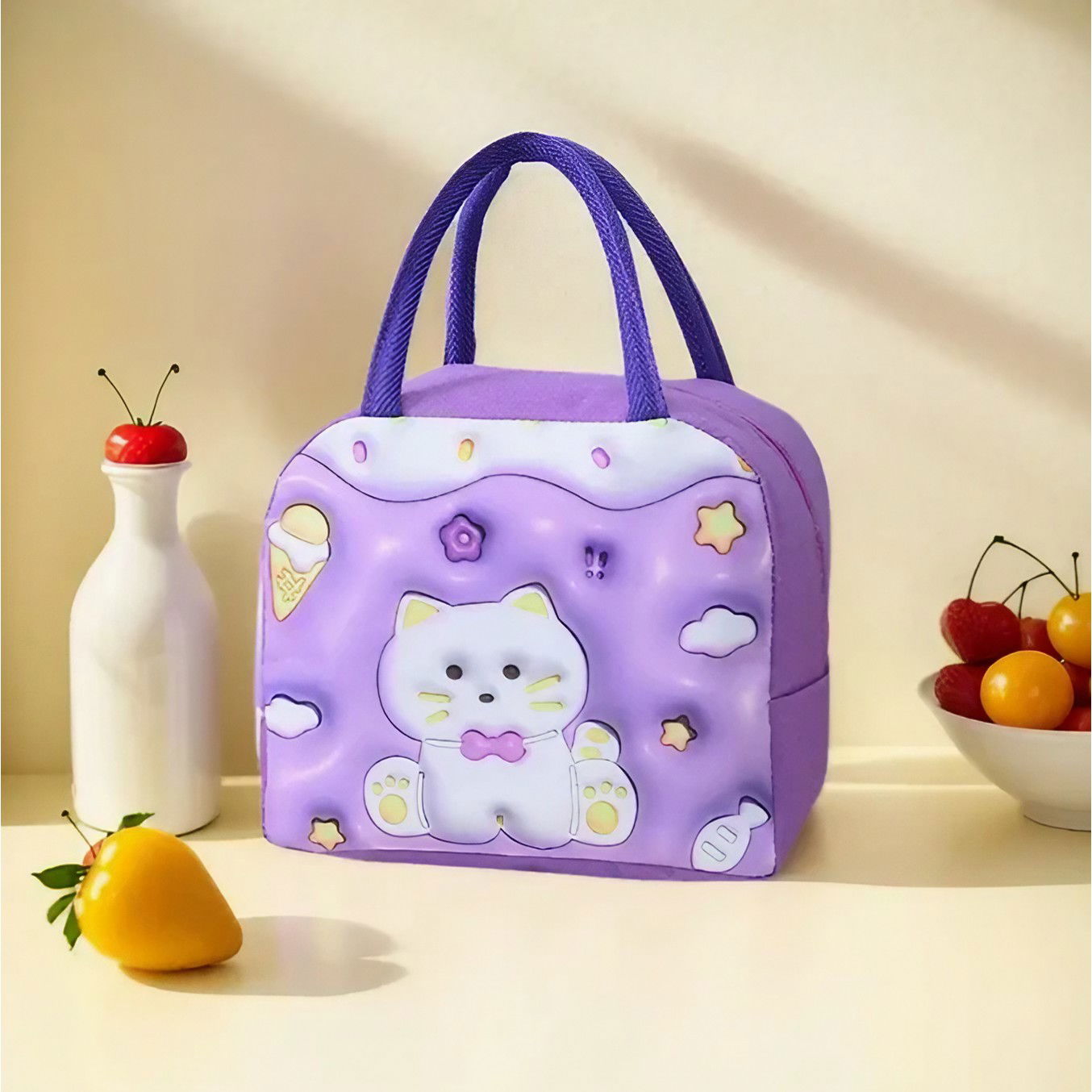 Geantă Frigorifică, Flippy, cu Desene Animate 3D, Portabilă pentru Copii, de Prânz, din Pânză Oxford, 23x13x19 cm, Model Pisicuta, Mov [3]