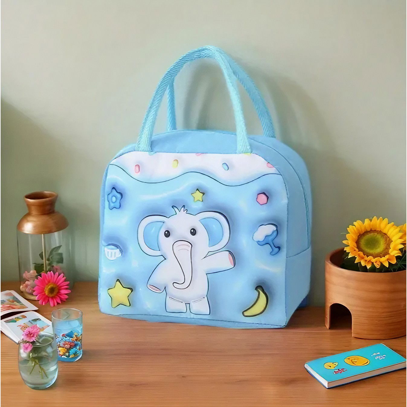 Geantă Frigorifică, Flippy, cu Desene Animate 3D, Portabilă pentru Copii, de Prânz, din Pânză Oxford, 23x13x19 cm, Model Elefantel, Albastru [3]