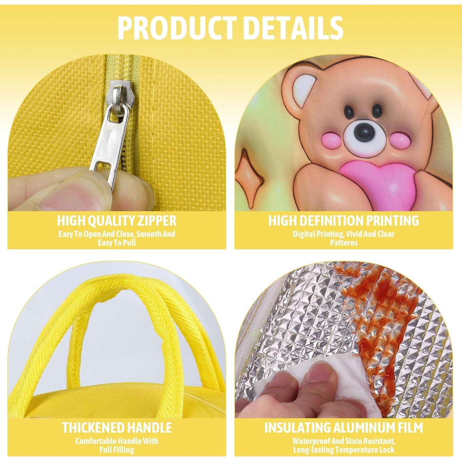 Geantă Frigorifică, Flippy, cu Desene Animate 3D, Portabilă pentru Copii, de Prânz, din Pânză Oxford, 23x13x19 cm, Model Ursulet, Galben [6]