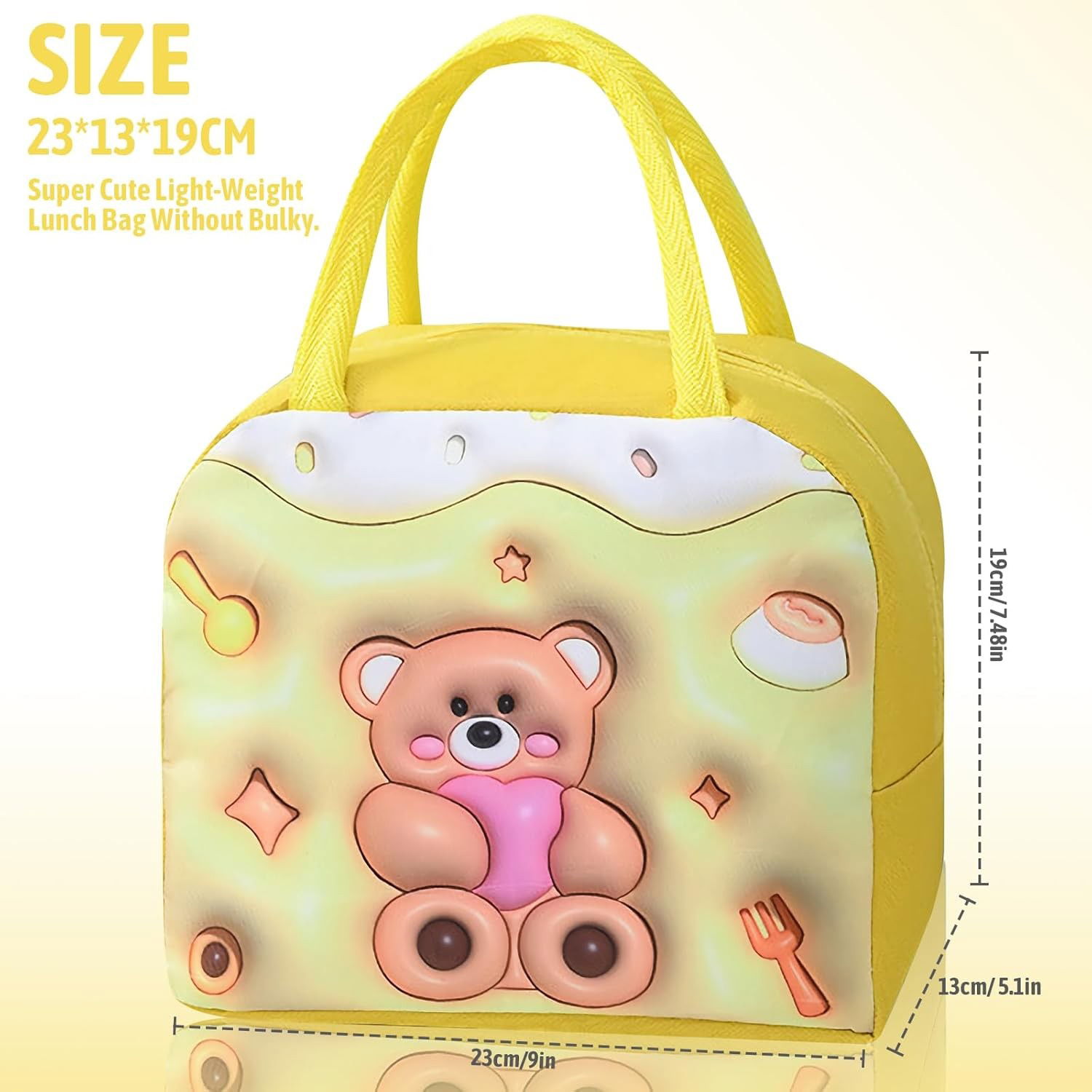 Geantă Frigorifică, Flippy, cu Desene Animate 3D, Portabilă pentru Copii, de Prânz, din Pânză Oxford, 23x13x19 cm, Model Ursulet, Galben [7]