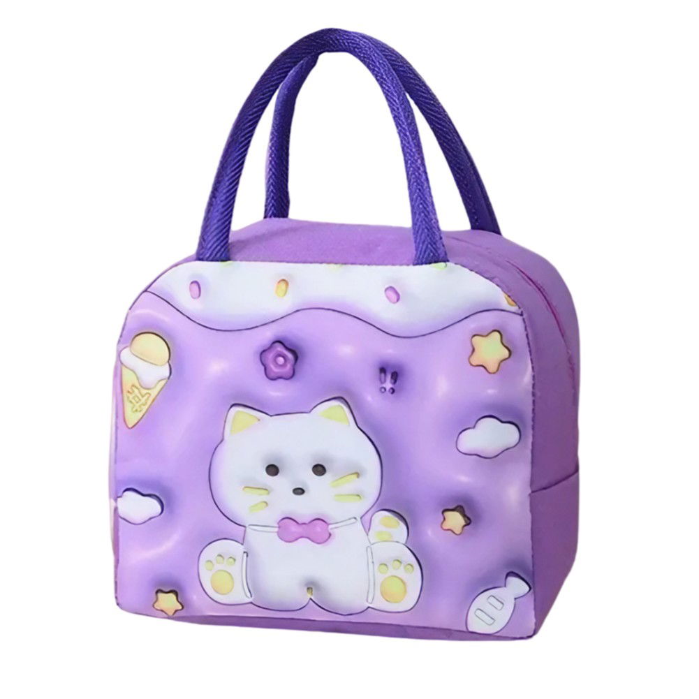 Geantă Frigorifică, Flippy, cu Desene Animate 3D, Portabilă pentru Copii, de Prânz, din Pânză Oxford, 23x13x19 cm, Model Pisicuta, Mov [1]
